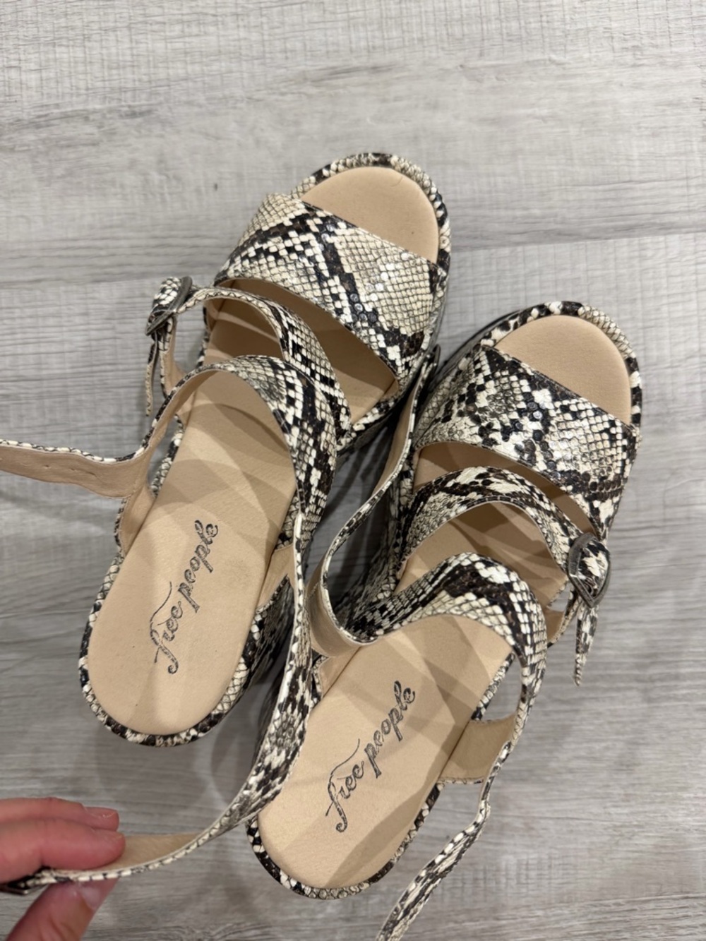 Free People Snake-Print Ankle-Tie Sandals in Beige and Black